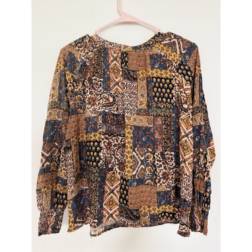 Jane & Delancey Patchwork Beaded Blouse Tassel Boho Peasant Top Hippie Size M